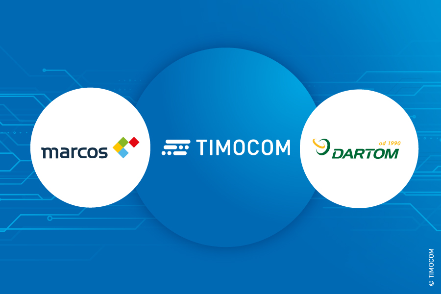 Dartom, Marcos Bis und TIMOCOM Logos zeigen Zusammenarbeit für Standards für die Transportlogistik