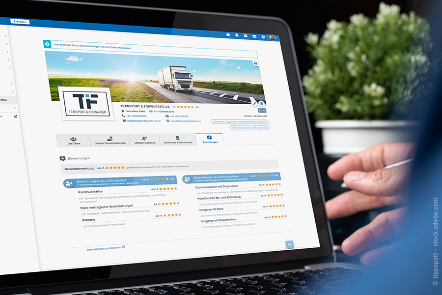 Laptop-Display mit geöffneter Bewertungsseite für Transportpartner auf dem TIMOCOM Marktplatz