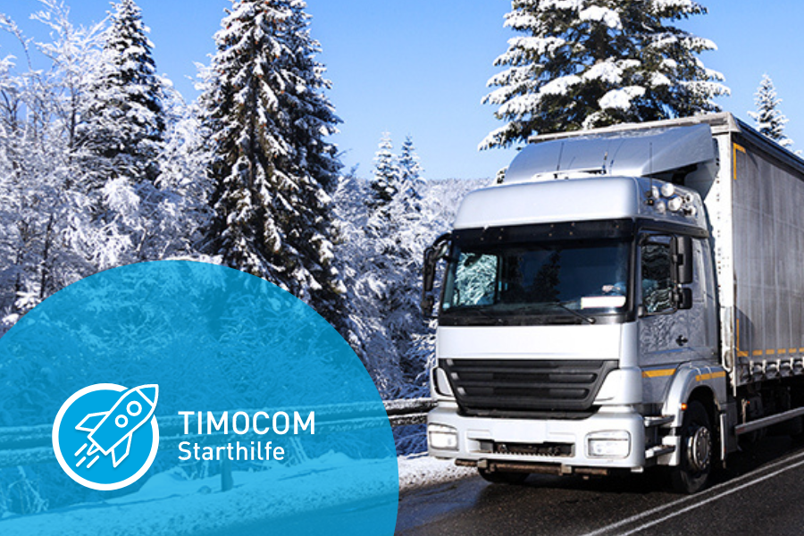 Ein LKW fährt auf einer Straße durch einen Winterwald.