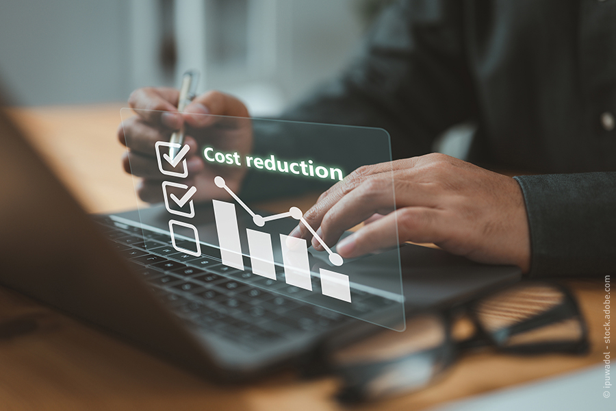 Person arbeitet an Laptop mit Grafik „Cost reduction“ und fallendem Balkendiagramm.