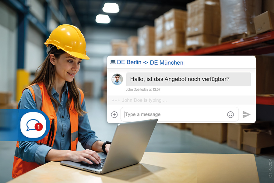 Person in Arbeitskleidung, die am Laptop eine digitale Anfrage zur Frachtvergabe stellt.