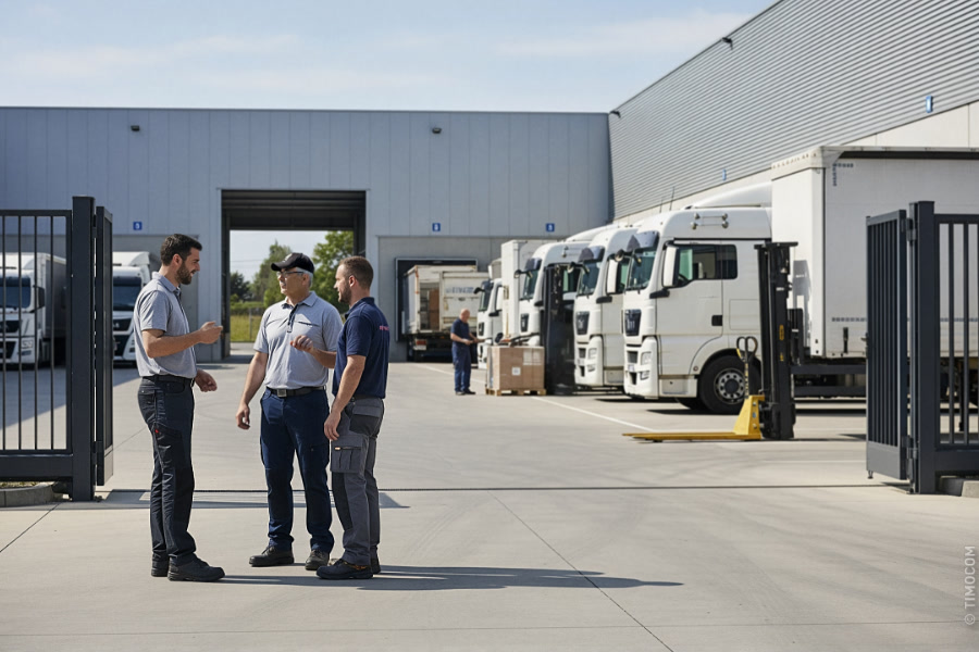 Bonus-Malus-System: Logistikmitarbeiter besprechen sich vor LKWs auf einem Logistikgelände.