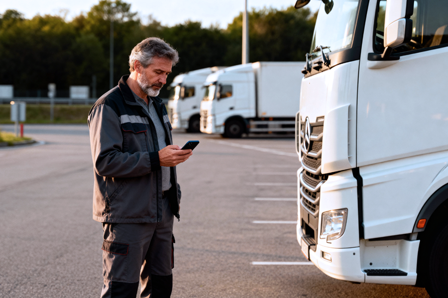 Lkw-Fahrer steht auf einem Parkplatz vor seinem Lastwagen und blickt auf sein Smartphone, um eine App zu nutzen