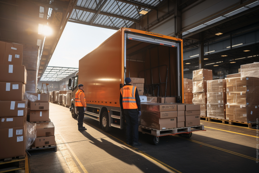Verladung von Paletten in einen LKW an der Rampe mit Stapler