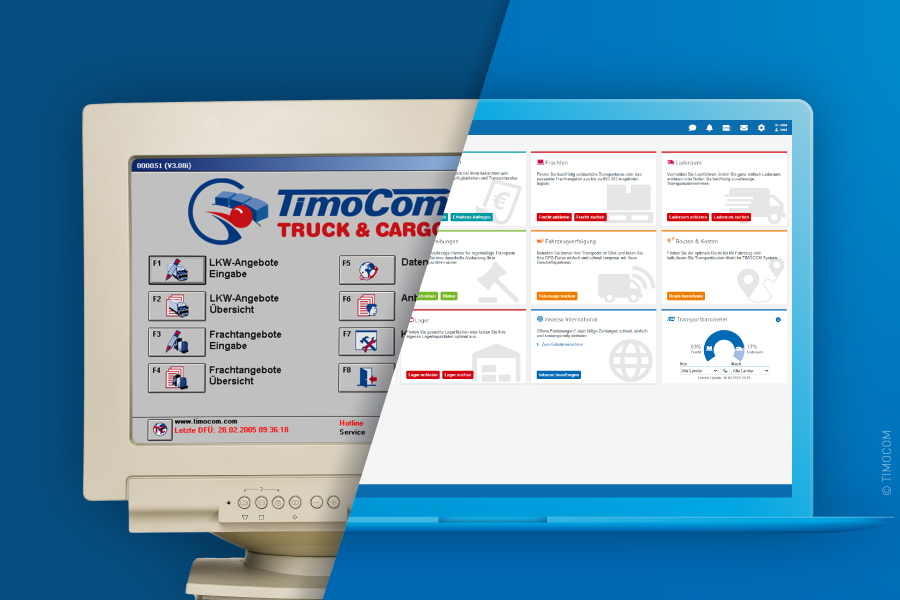 Die Frachtenbörse von TIMOCOM bei ihrer Markteinführung im Jahr 1997 (li.) und das daraus entstandene Smart Logistics System heute. © TIMOCOM