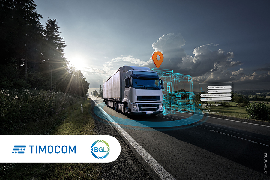 Logos von TIMOCOM und BGL vor dem Bild eines LKW und dessen digitalen Zwilling