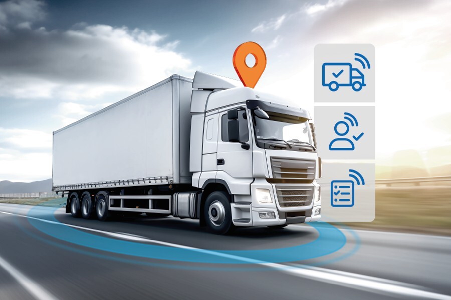 LKW mit Markierungs-Pin und verschiedenen Telematik-Symbolen